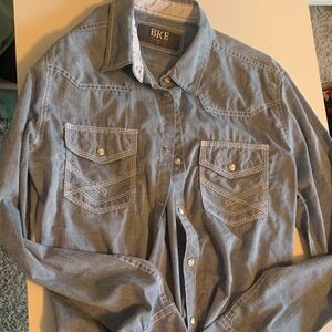 BKE Men's Casual Gray Blue Button Down Shirt